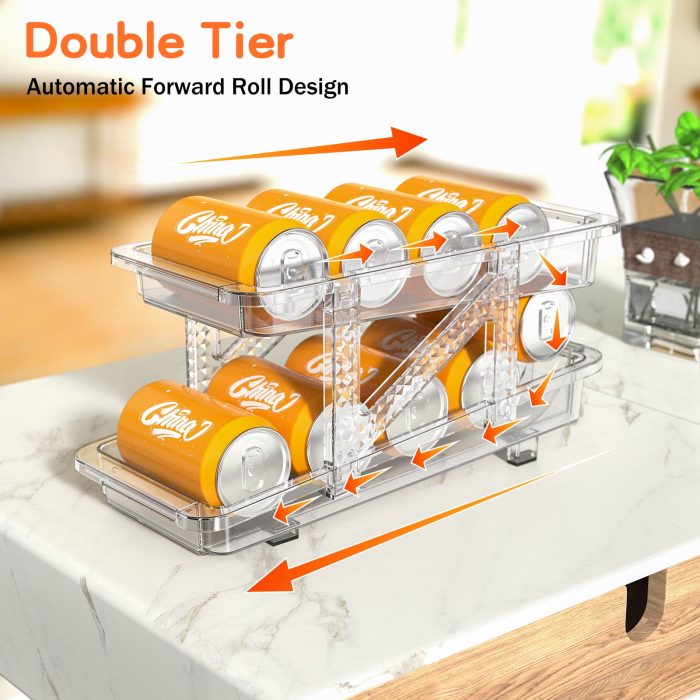 2024 HOMWOO Soda Can Dispenser for Refrigerator, 2-Pack Adjustable Width Soda Can Organizer, 2-Tier Beverage Can Holder, Automatic Rolling Drink Organizer for Fridge, Kitchen, Pantry, Cabinet, Countertop