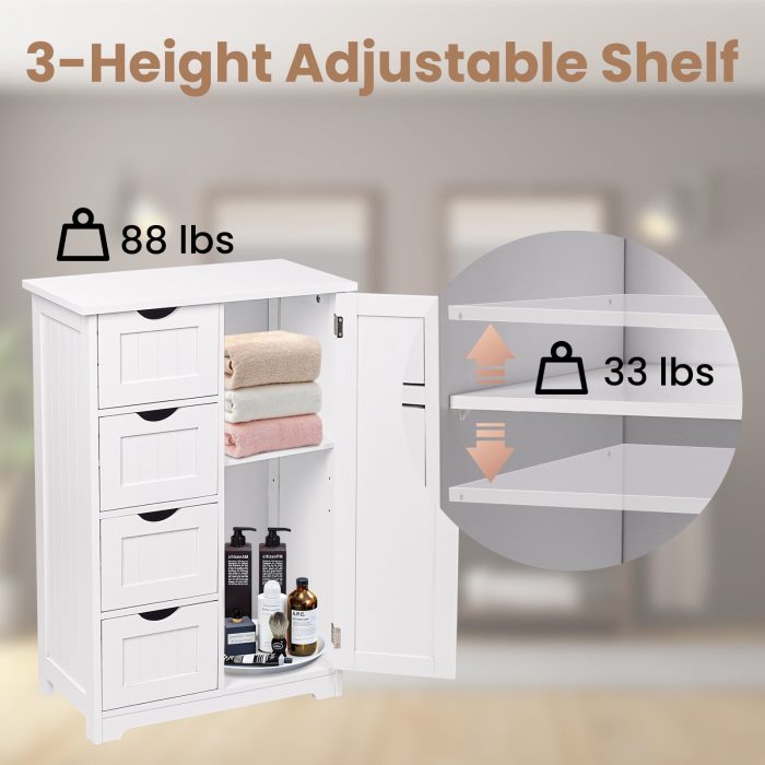 HOMWOO White Bathroom Storage Cabinet Floor Side Storage Organizer with 4 Drawers and 1 Cupboard Freestanding Wooden Cabinet for Living Room Hallway