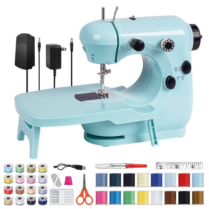 2024 HOMWOO Mini Sewing Machine for Beginner, Dual Speed Portable Sewing Machine with Extension Table, Stitch, Sewing Kit for Household