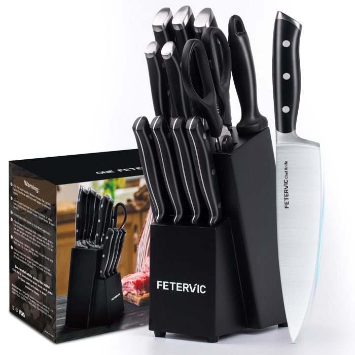 2024 HOMWOO Knife Block Set, 12Pcs Premium Kitchen Knife Set with Chef Knife, Sharpener and Serrated Steak Knives, Ultra Sharp German Stainless Steel Chef Knife Set