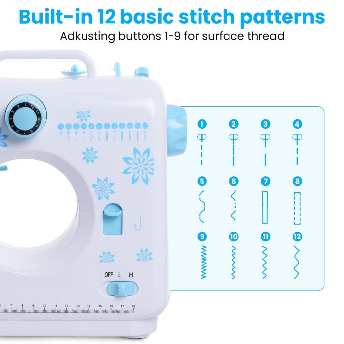 2024 HOMWOO Sewing Machine with Extension Table, Portable Sewing Machine Included Accessory Kit, LED Light, 12 Built-in Stitches, Sewing Kit for Household Use, Perfect for Beginners, Blue