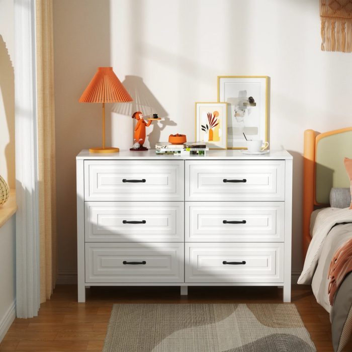 HOMWOO New Modern White Double Dresser 6 Drawer Dresser Chest of Drawers with Metal Handles, Wide Storage Organizer Cabinet for Living Room Home